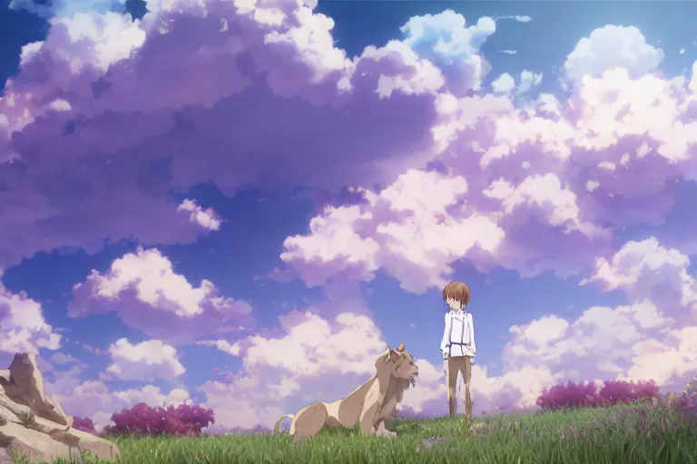 Image similar to a vast scene, panorama distant view, anime art full body portrait character concept art, hyper detailed scene render of a boy and white lion, anime key visual of violet evergarden, finely detailed perfect face delicate features directed gaze, in the white clouds fairyland, trending on pixiv fanbox, violet evergarden, studio ghibli, james jean, extremely high quality artwork