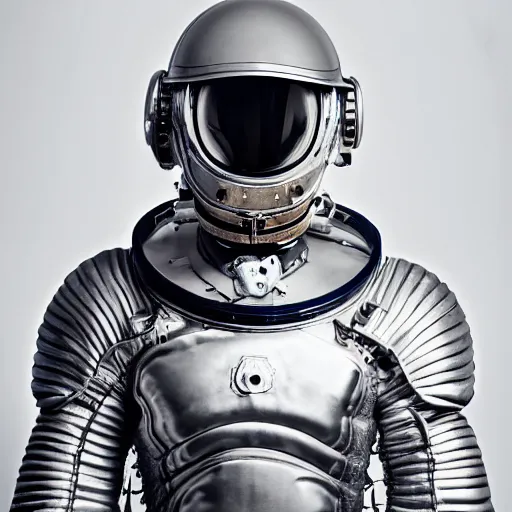 Prompt: a portrait of a beautiful young male wearing an alexander mcqueen armor in the shape of a space suit , photographed by andrew thomas huang, artistic