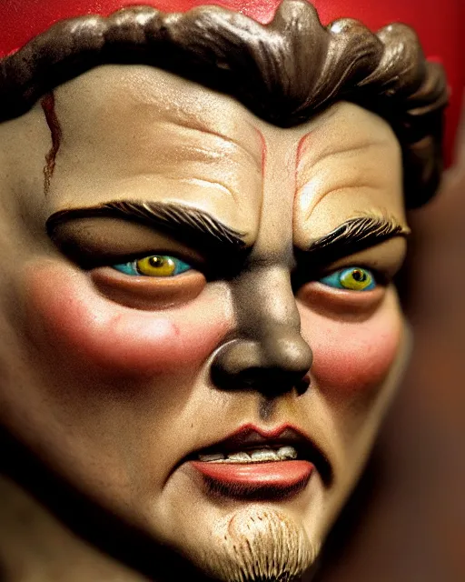 Image similar to highly detailed closeup, face profile portrait of a tin toy leonardo dicaprio as a medieval demon with horns eating cakes in a castle, hyper realistic, artstation, illustration, nicoletta ceccoli, mark ryden, lostfish, dan decarlo, bob clampett, max fleischer, digital paint, matte paint, vivid colors, detailed and intricate environment