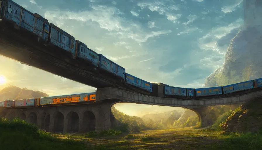Prompt: futuristic cargo train driving over aqueduct, green hills, matte painting, artstation, sunrise, blue sky, solarpunk
