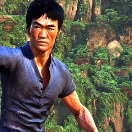 Image similar to a screenshot of bruce lee in uncharted 4. 3 d rendering. unreal engine. amazing likeness. very detailed. cartoon caricature