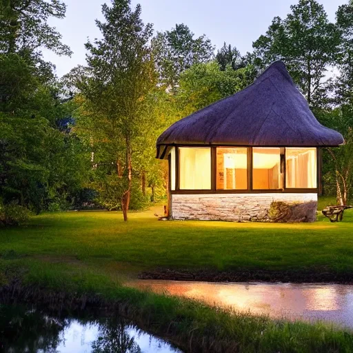 Image similar to A cottage with a big picture window light up by a lake Surrounded by trees and mountains in the background and beach chairs and trees in the foreground at night