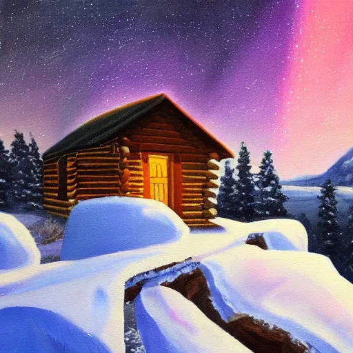 Image similar to an oil painting of a small log cabin in a snow covered, mountainous landscape below a night sky displaying the northern lights, mountains in the background, trending on artstation