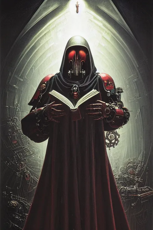 Image similar to painting of a cloaked tech priest holding a book, adeptus mechanicus!!!, cybernetic enhancements attached to his body, praise the omnissaiah, zdzislaw beksinski, lewis jones, mattias adolfsson, warhammer 4 0 k!!, cold hue's, warm tone gradient background, concept art, digital painting