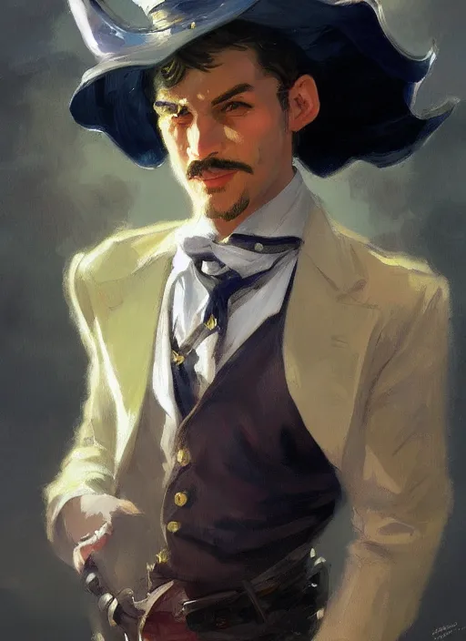 Prompt: fantasy art smug smile man, fancy flashy hat, colorful rich fantasy clothing, sharp fashion, slick hair, oil painting, hd, character portrait, artstation, n. c. wyeth, sargent, greg rutkowski, no beard, hq, white small hat,