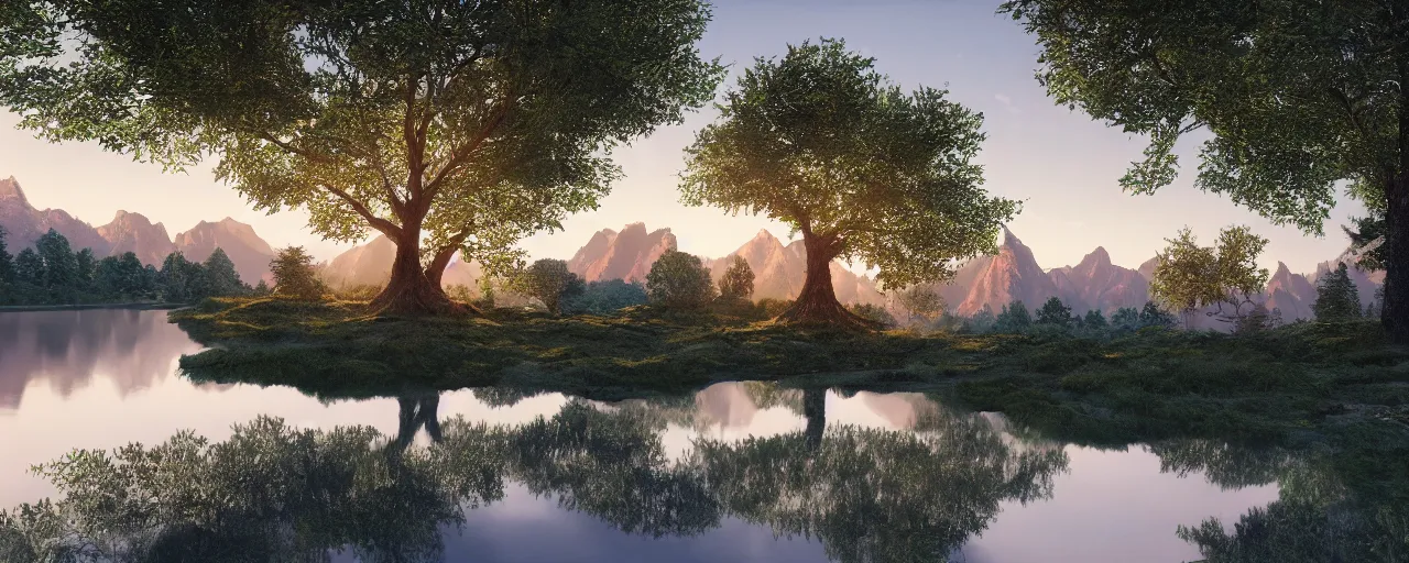 Prompt: big realistic tree near to a river on sunset with reflection on the leaves and mountains in the background, landscape, extremely high fidelity, 8 k, super resolution, concept art, cinematic view, super resolution, unreal engine 5, perspective 3 d octane render, light rays, lens flare, epic, hyperdetailed