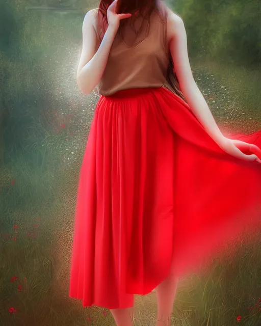 Image similar to goddess of summer, red gauze skirt, dreamy, beautiful, by wlop