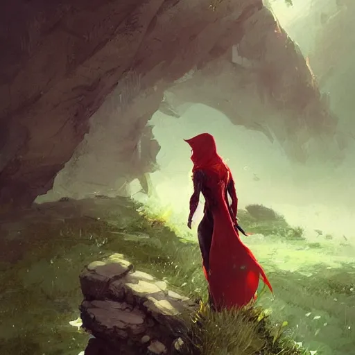 Image similar to a beautiful illustration of a woman with red hood walking between rocks, by greg rutkowski, digital artwork, artstation, cgartists, conceptartworld, deviantart, magic the gathering artstyle, floating magical rocks, lush green meadow