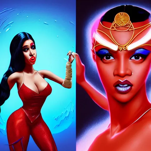 Prompt: cardi b and james bond as darna, wax figure, glowing eyes, volumetric lights, red and cyan theme, art nouveau botanicals, intricate, highly detailed, digital painting, artstation, concept art, smooth, sharp focus, cinematic, illustration, beautiful face, art by artgerm and greg rutkowski and alphonse mucha