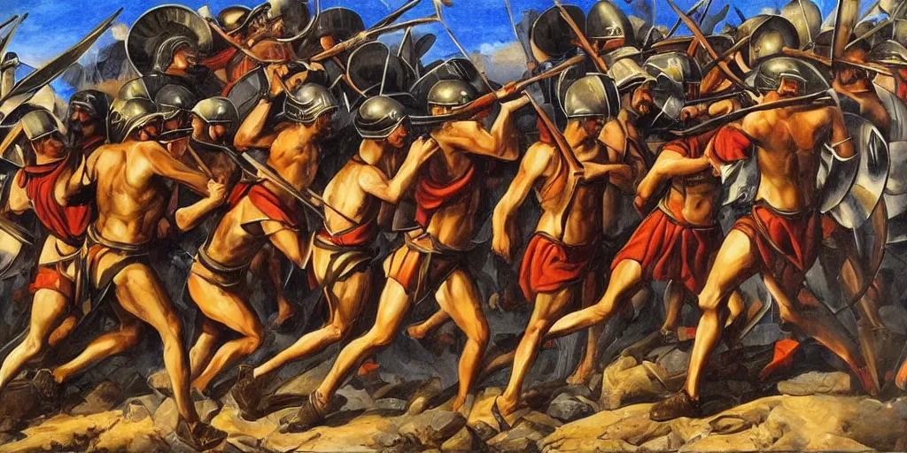 Image similar to italian futurism style painting of greek hoplites at war