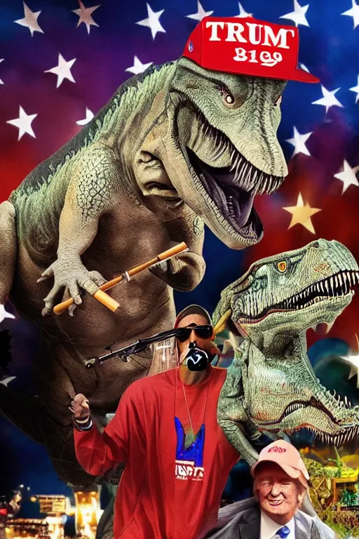 Image similar to Tone mapped Snoop Dogg and Donald Trump riding a T-Rex and smoking a blunt