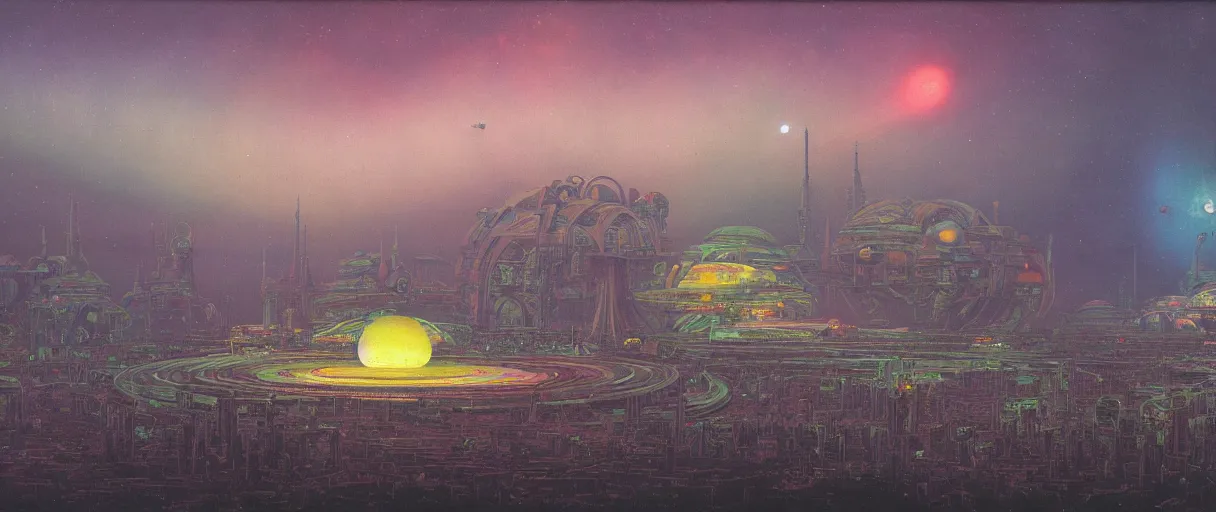 Prompt: a wide shot of a large distant hi-tech sci-fi Utopian spaceship, with a lot of bright color lights, bridges, turrets, pipes, orbiting a gas giant planet, beautiful, solarpunk, volumetric light, photography, color, intricate, extremely detailed, photorealistic, a painting by Beksinski