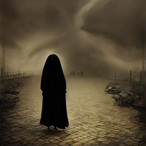 Image similar to gigantic black silk gown skeletal angel of death visiting the Village, walking among people in the opendoor market, people panicking,megalophobia, horror, fog, foster, highly detailed, one house, fear, dark inside, dark mammatus cloud,hyper realistic, atmospheric lighting, beksinski