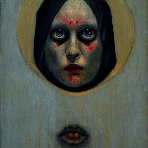 Prompt: 'The stare of the nun' A beautiful detailed aesthetic horror portrait painting depicting 'A possesed nun with a demonic tainted face, here eyes look like portals to hell' by Odilon Redon, Trending on cgsociety artstation, 8k, masterpiece, cinematic lighting.