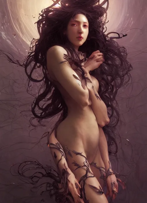 Image similar to beautiful hyper detailed woman covered by black oil, intricate lights, venomize, phoenix, bio luminescent, plasma, by ruan jia and artgerm and range murata and wlop and ross tran and william - adolphe bouguereau and beeple. key art. fantasy illustration. award winning, artstation, intricate details, realistic, 8 k.