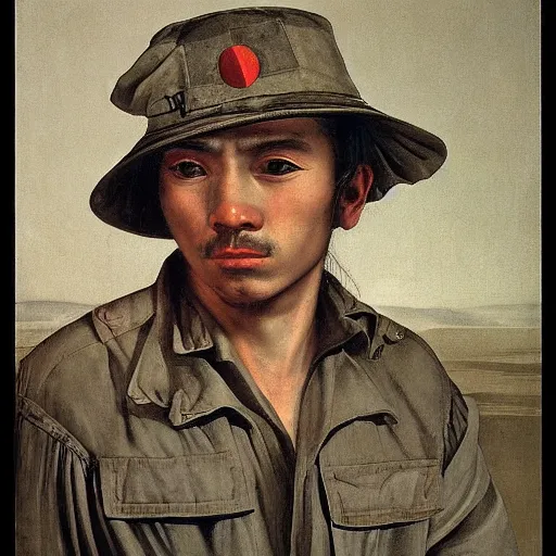 Prompt: portrait of a vietnam war soldier by caravaggio, posing, face, clair - obscur, highly detailed