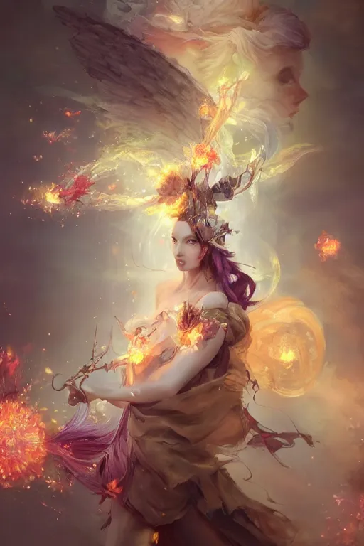 Image similar to beautiful girl necromancer, magical fairy exploding into flowers, angels, 3 d render, hyper - realistic detailed portrait, holding fire and electricity rainbow, ruan jia, wlop. scifi, fantasy, magic the gathering, hyper detailed, octane render, concept art, peter mohrbacher