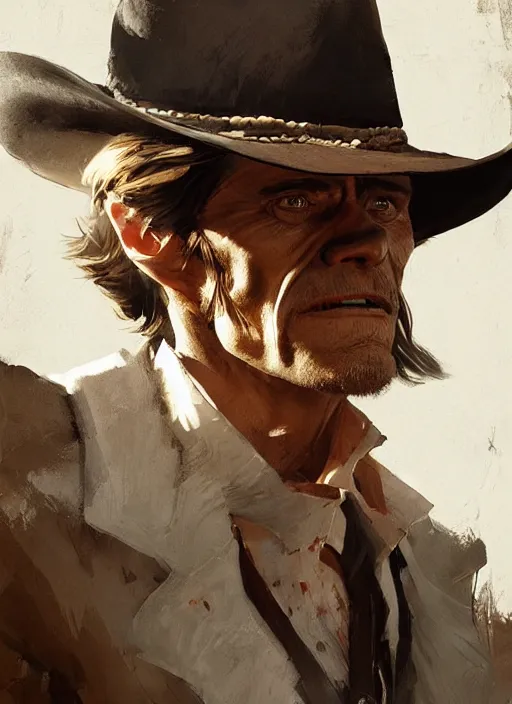 Prompt: willem dafoe as a cowboy, elegant, digital painting, concept art, smooth, sharp focus, illustration, from red dead redemption by ruan jia and mandy jurgens and artgerm and william - adolphe bouguerea