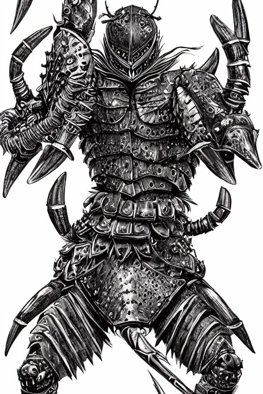 Image similar to human warrior, crab themed armour, crab claws symmetrical, highly detailed, digital art, needles, sharp focus, trending on art station, kentaro miura manga art style