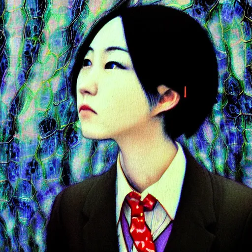 Image similar to yoshitaka amano blurred and dreamy realistic three quarter angle portrait of a young woman with short hair and black eyes wearing office suit with tie, junji ito abstract patterns in the background, satoshi kon anime, noisy film grain effect, highly detailed, renaissance oil painting, weird portrait angle, blurred lost edges