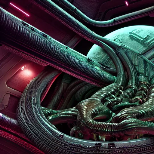 Image similar to Prometheus hibernation capsule biological sci-fi environment set close-up, hibernation capsule close-up, in a nightmarish universe of odd forms and somber tapestry, HR Giger and Vincent Di Fate, vivid color scheme, featured in artstation, octane render, cinematic, elegant, intricate, 8k