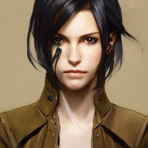 Image similar to a head and shoulders portrait of a young girl with green eyes and short black hair in a tan trenchcoat, from Final Fantasy XIII, retro, smooth, sharp focus, intricate, artstation, hyper realistic, detailed concept art by Rutkowski and Mucha and sky sewa and Marc Simonetti