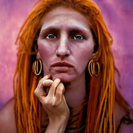 Image similar to Extremely detailed photo realistic matte portrait painting of winking 15th Century Barbary Coast pirate Woman with Ginger hair and Golden hooped earrings photography by Steve McCurry