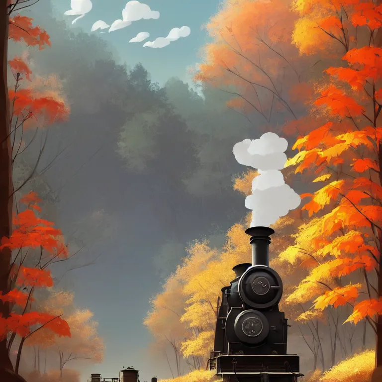 Prompt: Goro Fujita illustrating An antique steam train with a large white cloud coming out of the chimney travels through a beautiful autumn forest along the railroad tracks, art by Goro Fujita concept art, sharp focus,