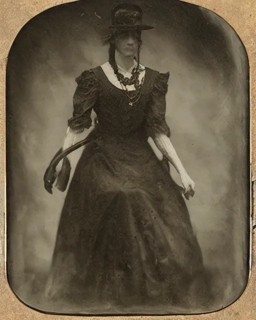 Prompt: A wet-plate photograph of an allosaurus in victorian clothing