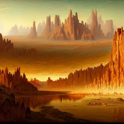 Image similar to concept art of the desert valley surrounded by mountains with a small towers on top of it | red lake with a destroyed antic building in the centre | german romanticism style, hyper - realism, narrative realism, art by johfra bosschart | high details, panoramic view | trending on artstation