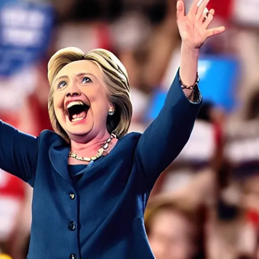Prompt: hillary clinton running marathon screaming shouting hands in air