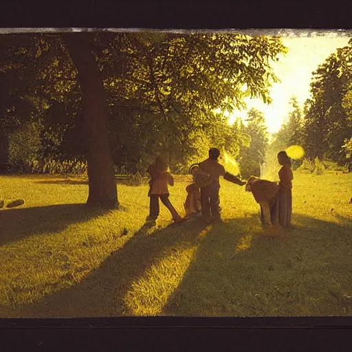 Prompt: Photograph, the warm, golden light of the sun casts a beautiful glow on the scene, and the gentle breeze ruffles the leaves of the trees. The figures in the photograph are engaged in a simple activity, the way they are positioned and the expressions on their faces suggest a deep connection. Peace and contentment, idyllic setting. tintype by Ilya Kuvshinov bold