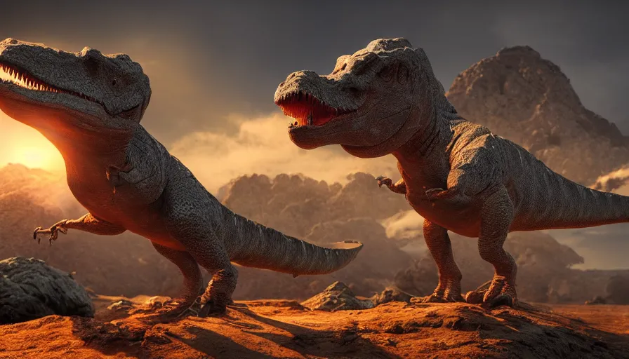 Image similar to hyper realistic highly detailed nature photography of a dinosaur, prehistoric planet, volumetric lighting, octane render, 4 k resolution, golden hour