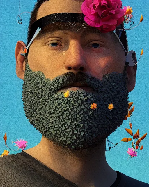 Image similar to a realistic ultradetailed digital painting of a man with flowers in his beard, profile, sharp detail, cyberpunk art by beeple, behance contest winner, retrofuturism, voxel art, # pixelart, dystopian art