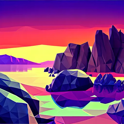 Image similar to super detailed color lowpoly art, northern sunset with rocks on front, monochrome photorealistic bay in the middle of perspective and mountains at background, big graphic vessel, unreal engine, high contrast color palette, 3 d render, lowpoly, colorful, digital art, perspective, full volume composition, robb cobb, robert mccall, syd mead