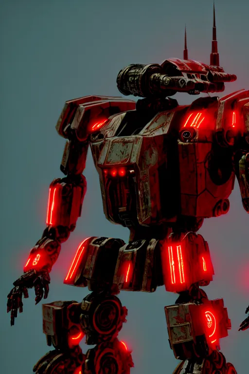 Prompt: a cinematic still from ruin city, full body red mech, armored core, intact humanoid servo, octane render, nvidia raytracing demo, masterpiece, aged armor plating, decipticon armor plating, aggressive head, endoekeleton exposure