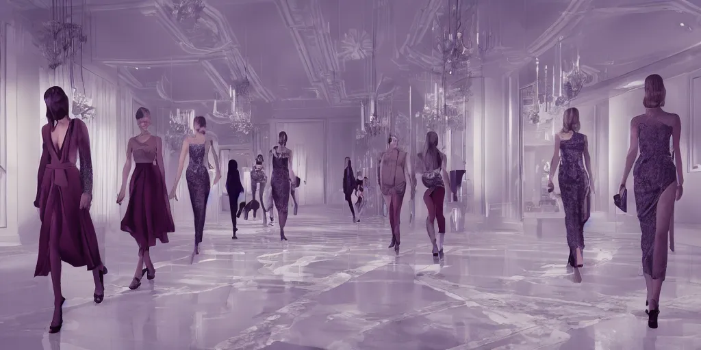 Prompt: Fashion Catwalk in a luxurious apartment interior, concept art, rendering, hyperdetailed, unreal engine 5, 4k