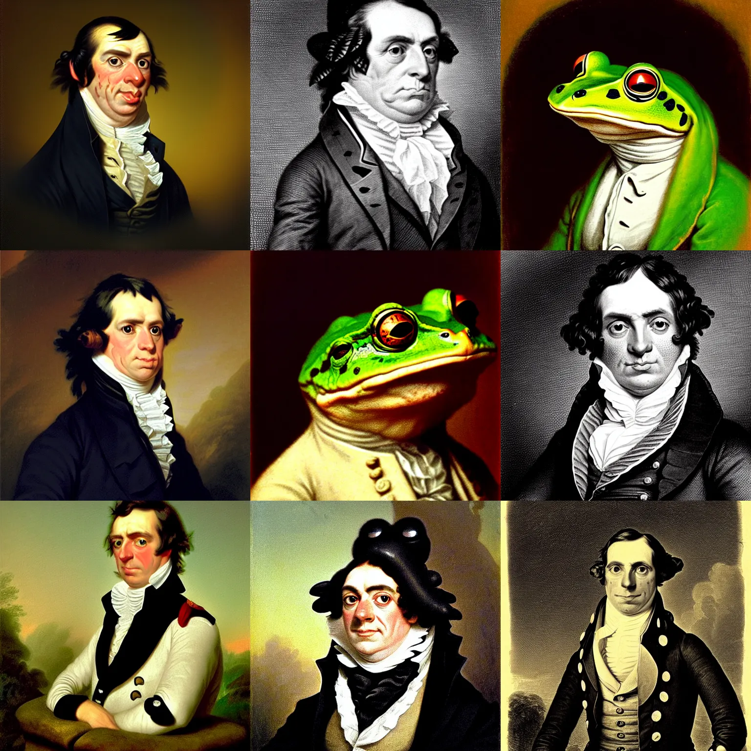 Prompt: a head and shoulders portrait of an anthropomorphic frog!!!!!!!!!!!!!!!!!!!!!!!!!!!!! wearing a colonial outfit looking off camera, a character portrait by john trumbull, american romanticism, soft focus