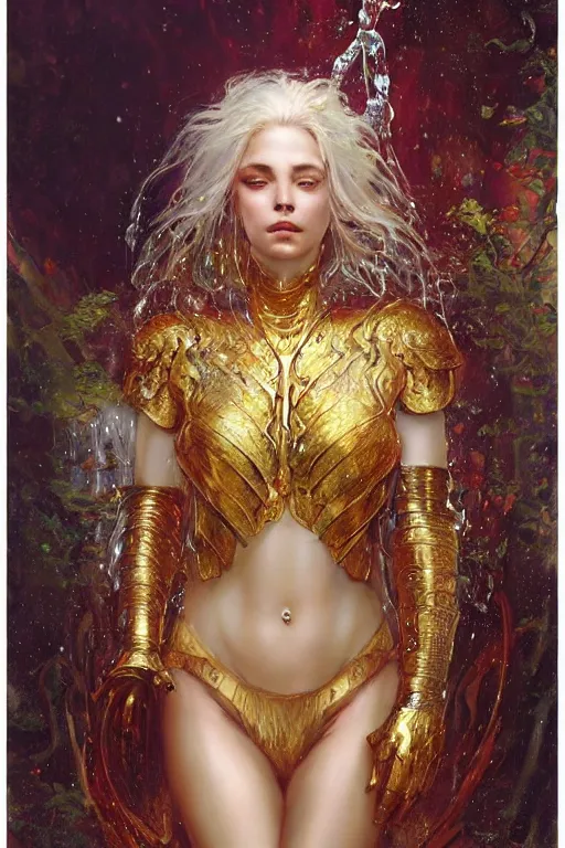 Image similar to portrait of a beautiful woman wearing a gold red armor, silver hair, drenched body, wet dripping hair, emerging from the water, fantasy, regal, fractal crystal, fractal gems, by stanley artgerm lau, greg rutkowski, thomas kindkade, alphonse mucha, loish, norman rockwell