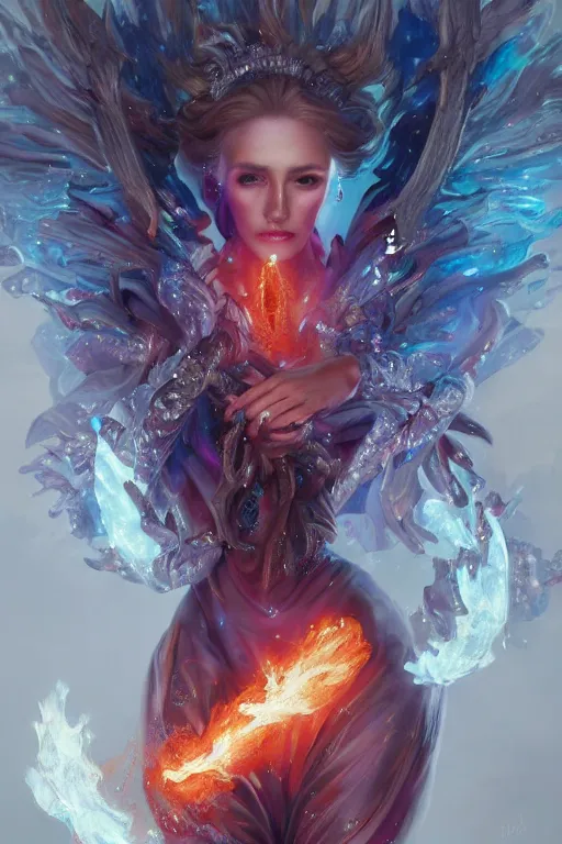 Image similar to torso closeup model wearing exploding fire crystal dress, sorcerer, diamonds, angel, fantasy, dramatic lighting, highly detailed, digital painting, holding electricity, magic the gathering, hyper detailed, 3 d render, hyper realistic detailed portrait, peter mohrbacher, wlop, ruan jia