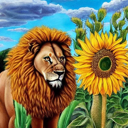 Image similar to lions and sunflowers 🌻🌫 in the style of salvador dali