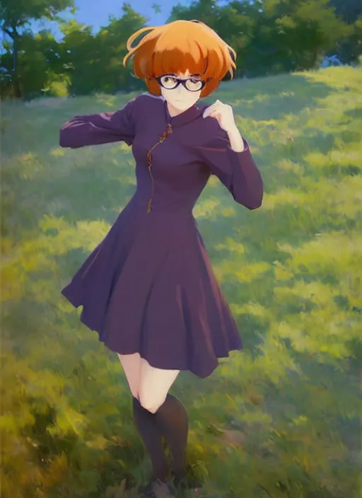 Image similar to Greg Manchess ainting of Velma Dinkley in the style of Violet Evergarden, anime style, winged eyelashes, countryside, calm, fantasy character portrait, dark outlines, dynamic pose, above view, sunny day, artwork by Makoto Shinkai, very coherent asymmetrical artwork, sharp edges, perfect face, simple form, 100mm