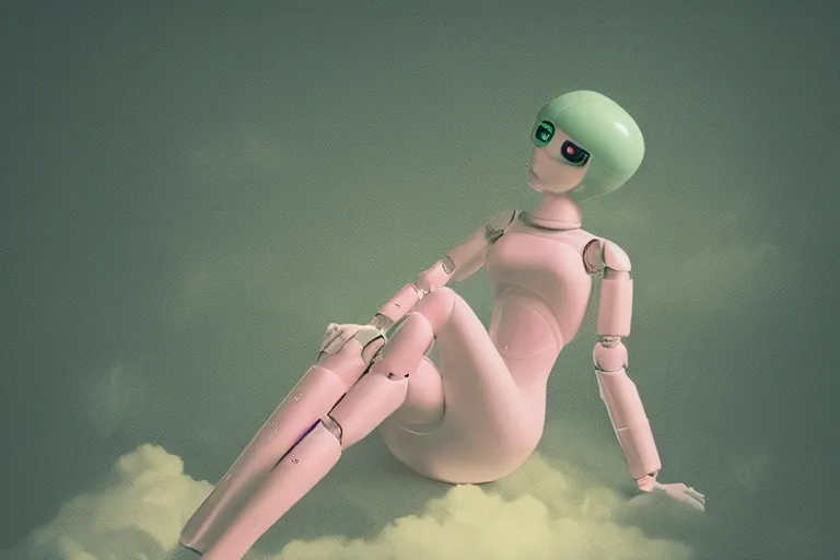 Image similar to a cute robot girl sitting on a cloud relaxing, misty, digital art, hazy, foggy, green lighting, ambient lighting, 8 k,