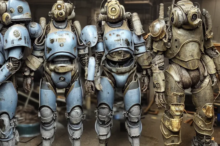 Image similar to photo taken of an epic intricate, ultra detailed, super realistic gritty, hero prop, exquisitely weathered very bulky fallout 4 power armour suits movie prop replica's in a row in the workshop, created by weta workshop, full body shot, photorealistic, sharp focus, white wall, cold colour temperture, golden ratio