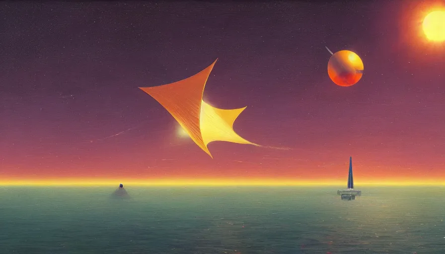 Image similar to solar sail floating in front of the sun in space, simon stalenhag, art deco painting