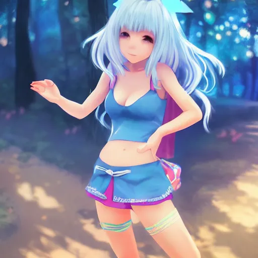 Image similar to smurfette, beautiful anime cute girl by WLOP, full body, fancy top, miniskirt, front view, summer lake setting, cinematic lightning, medium shot, mid-shot, highly detailed, trending on Artstation, Unreal Engine 4k, cinematic wallpaper