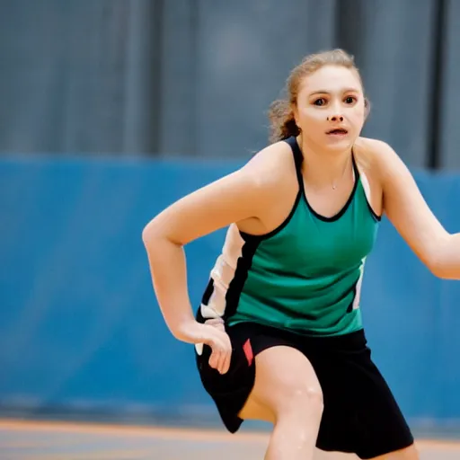 Prompt: one young woman playing handball