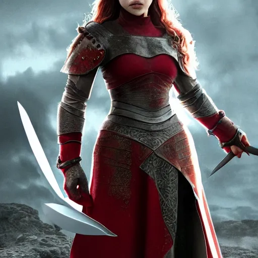 Prompt: emilia clarke, as a medieval fantasy character, with dark red hair, wearing light armor and red clothing, holding a longsword, determined expression, noble, cinematic, dark, realistic, digital art, 8 k