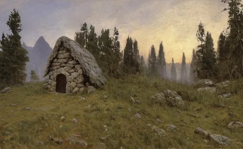 Prompt: Hagrid's hut made of stone, in landscape, early evening, mist, matte painting, dark forest on background, oil painting by Isaac Levitan and Vasily Perov