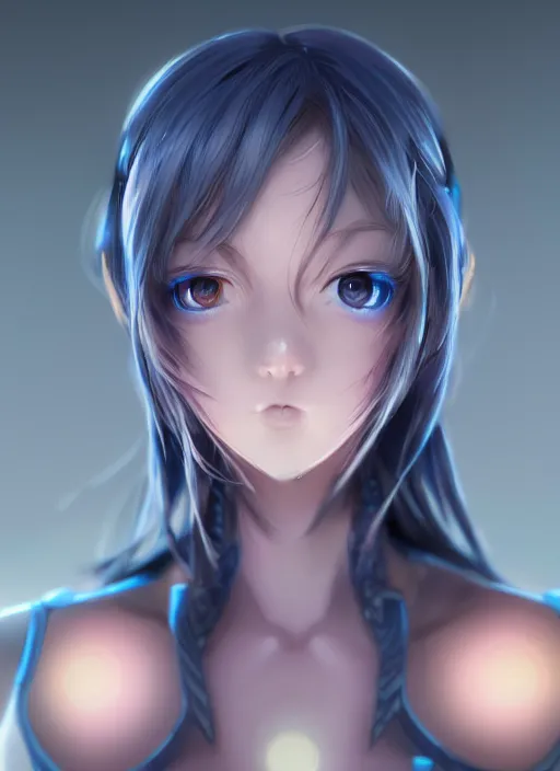 Image similar to covid - 1 9 as girl, humanization, anime, beautiful, pretty face, blue cyborg eyes, innocent, scifi, 4 k, sun yunjoo, ultra realistic, aura of light, cinematic lighting, highly detailed, sharp focus, artstation, masterpiece, art by hyungjin yang